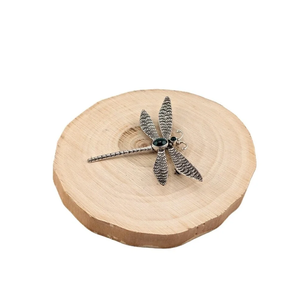 LC Sterling Silver Malachite Dragonfly Brooch‎ Vintage Style Textured Wings Pin